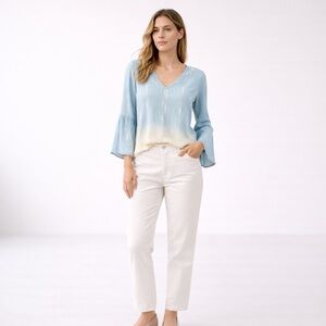 FifteenTwenty Womens Blue Cream Tie Dye Bell Sleeve V Neck Top Sz S Tencel Boho